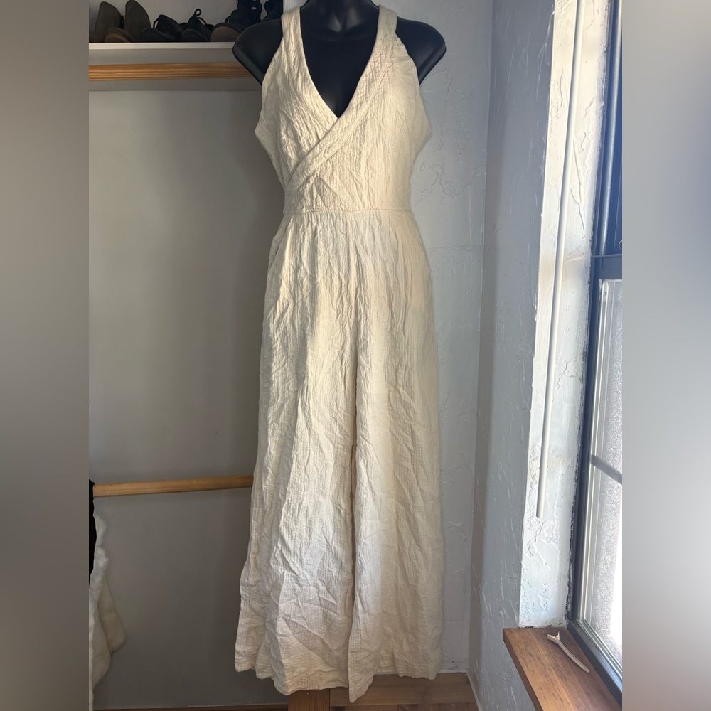 Anthropologie Cream Sleeveless V-Neck Wide-Leg textured cream Jumpsuit sz 4 used - Picture 5 of 8